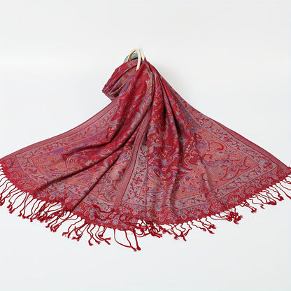 Scarf for Women - Jacquard Shawl Ethnic Cashew Tassel Long Wrap Vintage Multicolor Boho - product detail view 15