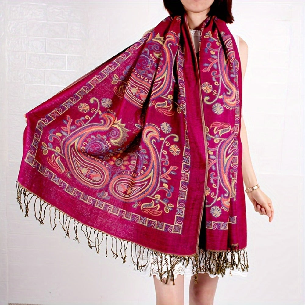 Scarf for Women - Paisley Shawl with Fringe Boho Ethnic Wrap Warm Neck for Travel Music - product detail view 3