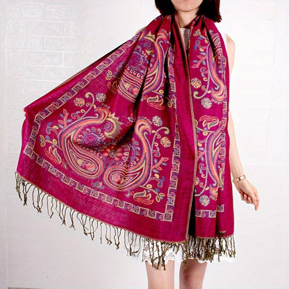 Scarf for Women - Paisley Shawl with Fringe Boho Ethnic Wrap Warm Neck for Travel Music - product detail view 3