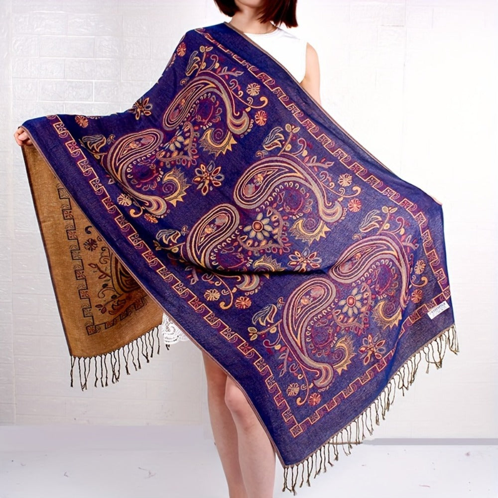 Scarf for Women - Paisley Shawl with Fringe Boho Ethnic Wrap Warm Neck for Travel Music - product detail view 9