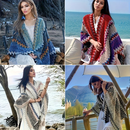 Scarf for Women - 's Tassel Shawl Ethnic Style Retro Cape Wrap Lightweight Travel Vacation - product detail view 3
