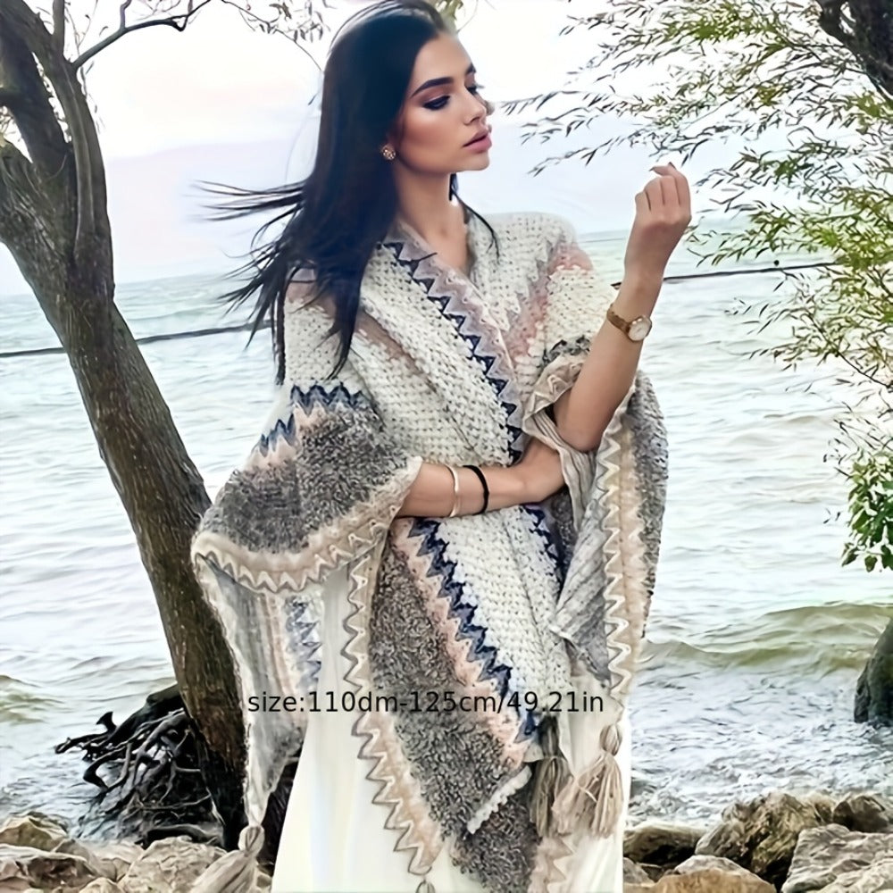 Scarf for Women - 's Tassel Shawl Ethnic Style Retro Cape Wrap Lightweight Travel Vacation - product detail view 4