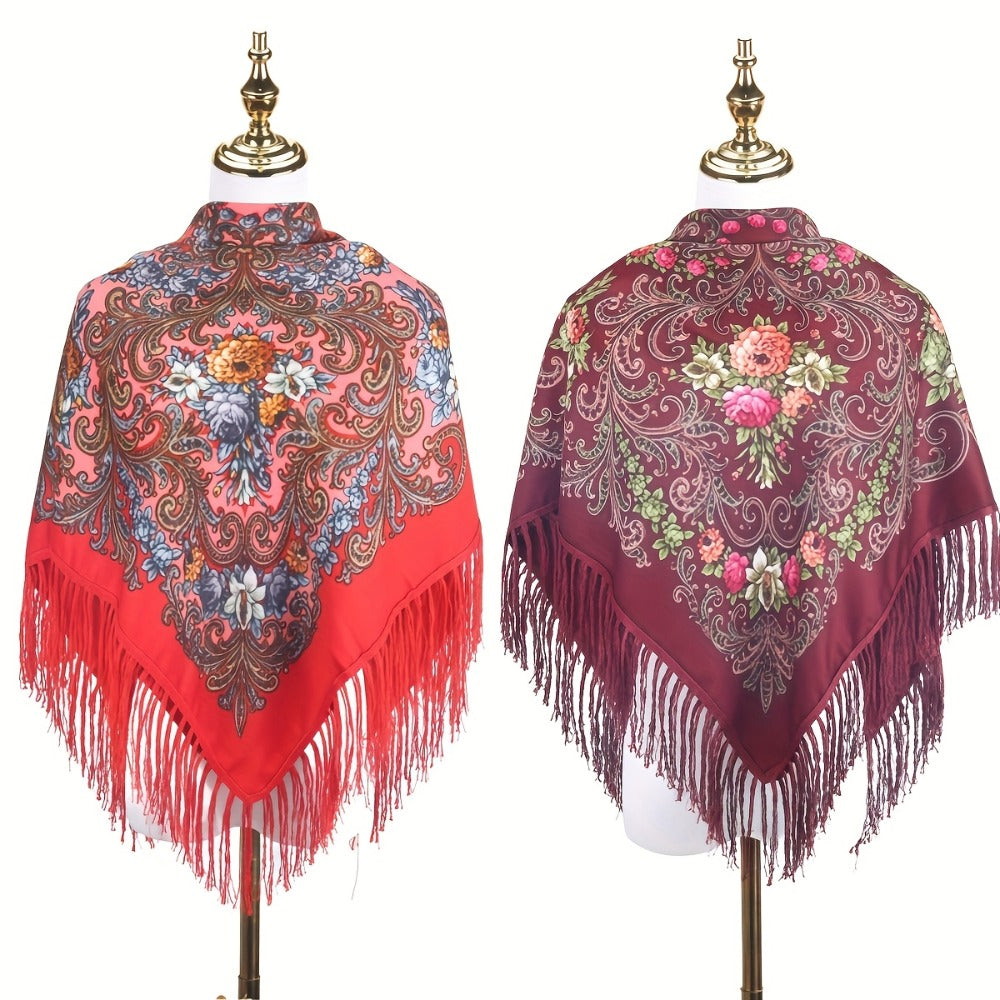 Scarf for Women - Tassel Shawl Set of 2 Vintage Floral Fringe Wrap for Warm Windproof Autumn - main product view