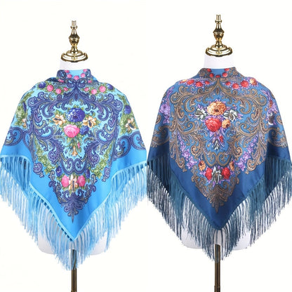Scarf for Women - Tassel Shawl Set of 2 Vintage Floral Fringe Wrap for Warm Windproof Autumn - product detail view 4