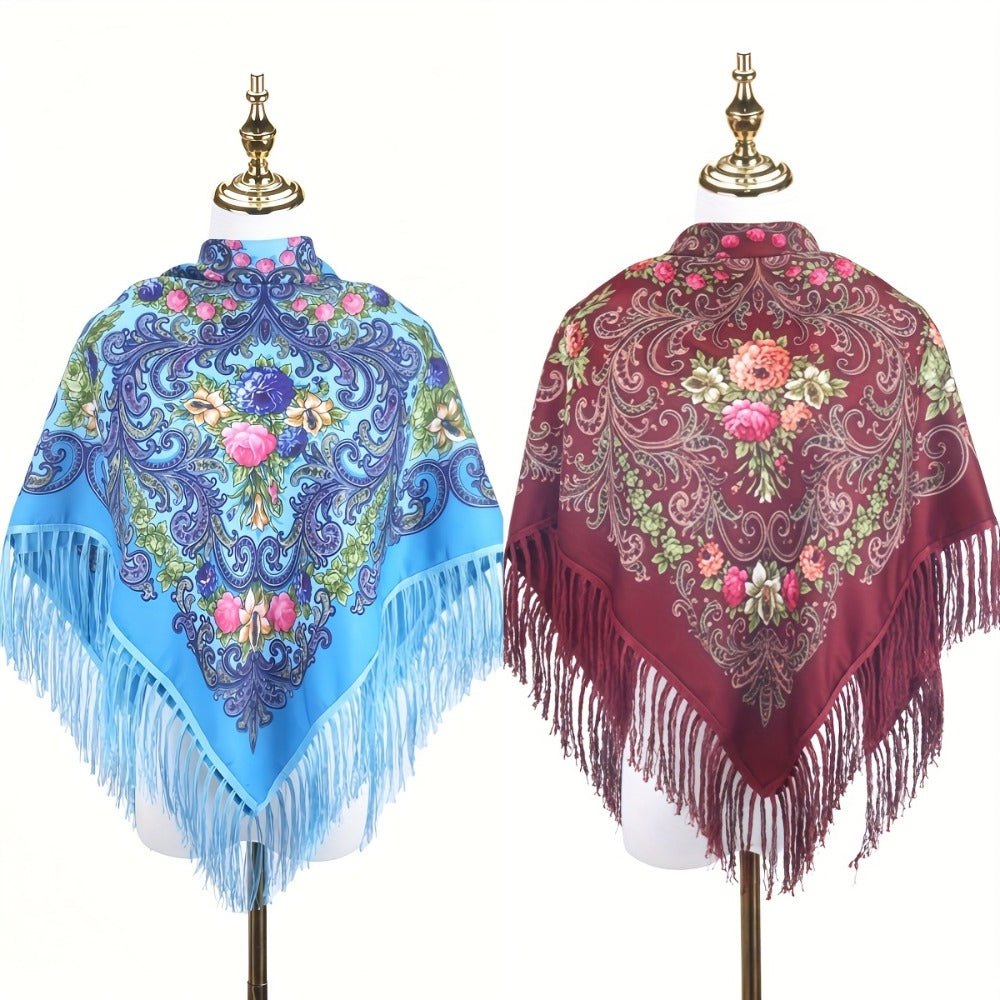 Scarf for Women - Tassel Shawl Set of 2 Vintage Floral Fringe Wrap for Warm Windproof Autumn - product detail view 6