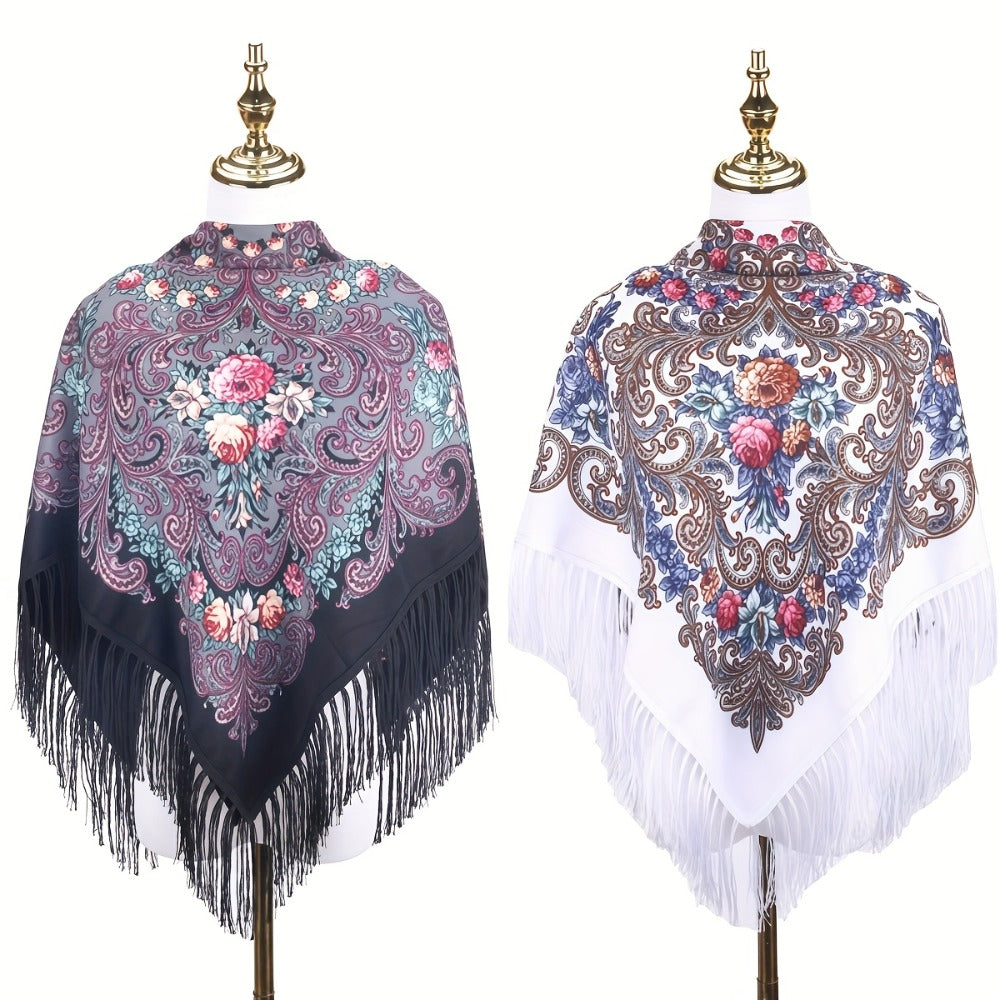 Scarf for Women - Tassel Shawl Set of 2 Vintage Floral Fringe Wrap for Warm Windproof Autumn - product detail view 7