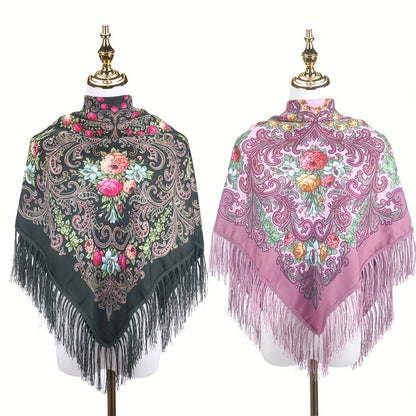 Scarf for Women - Tassel Shawl Set of 2 Vintage Floral Fringe Wrap for Warm Windproof Autumn - product detail view 9