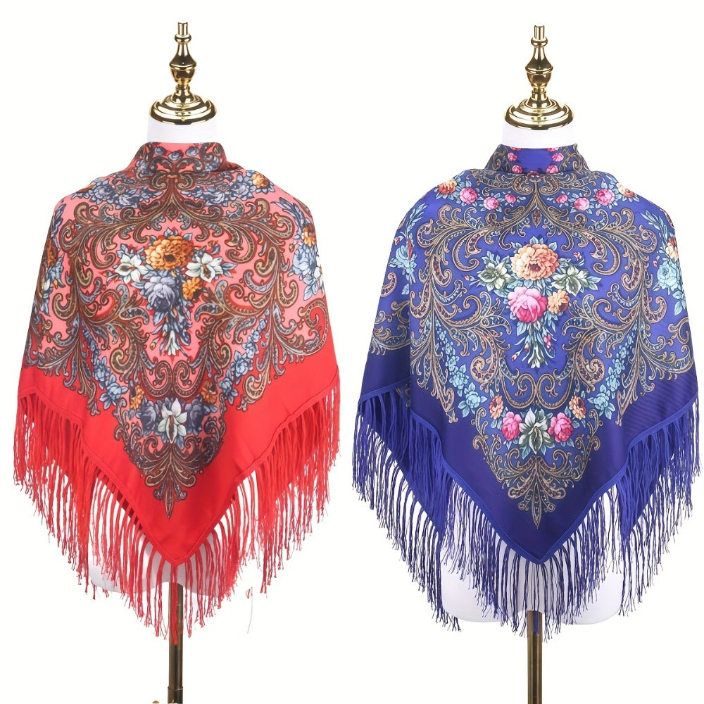 Scarf for Women - Tassel Shawl Set of 2 Vintage Floral Fringe Wrap for Warm Windproof Autumn - product detail view 11