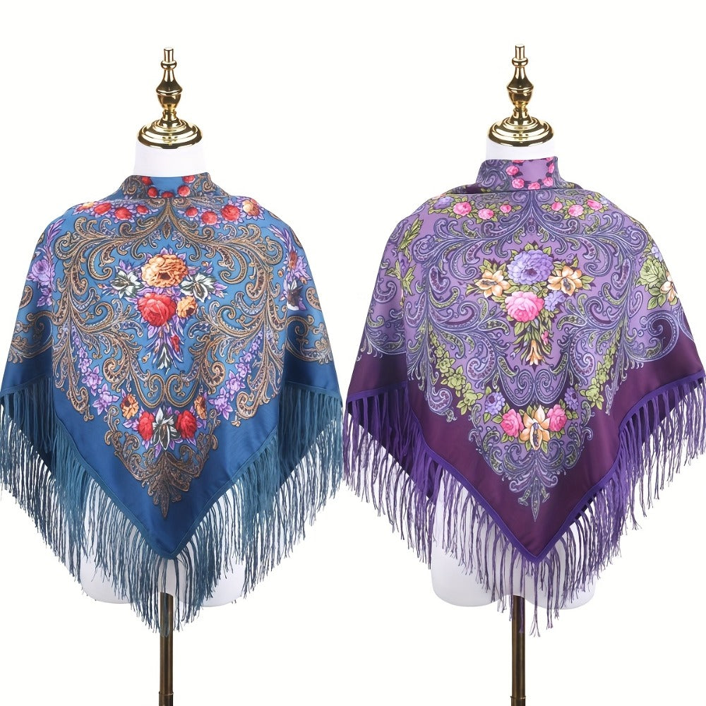 Scarf for Women - Tassel Shawl Set of 2 Vintage Floral Fringe Wrap for Warm Windproof Autumn - product detail view 12