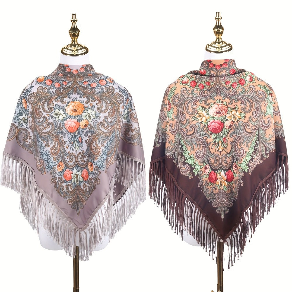 Scarf for Women - Tassel Shawl Set of 2 Vintage Floral Fringe Wrap for Warm Windproof Autumn - product detail view 15