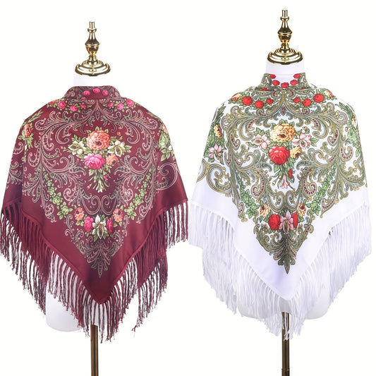 Scarf for Women - Tassel Shawl Set of 2 Vintage Floral Fringe Wrap for Warm Windproof Autumn - product detail view 16