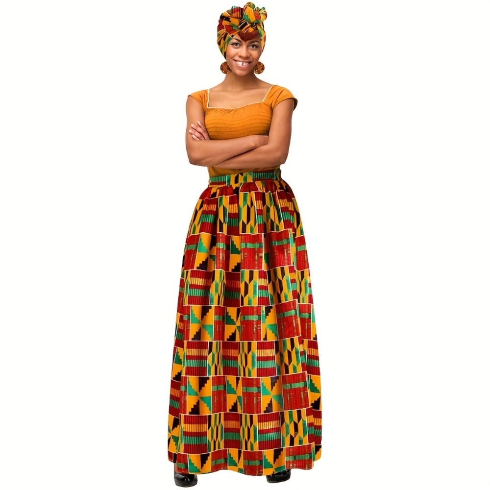 Skirt Sets - African Print Maxi Set 3 Piece Ankara Stretch with Pockets | Matching Head - product detail view 5