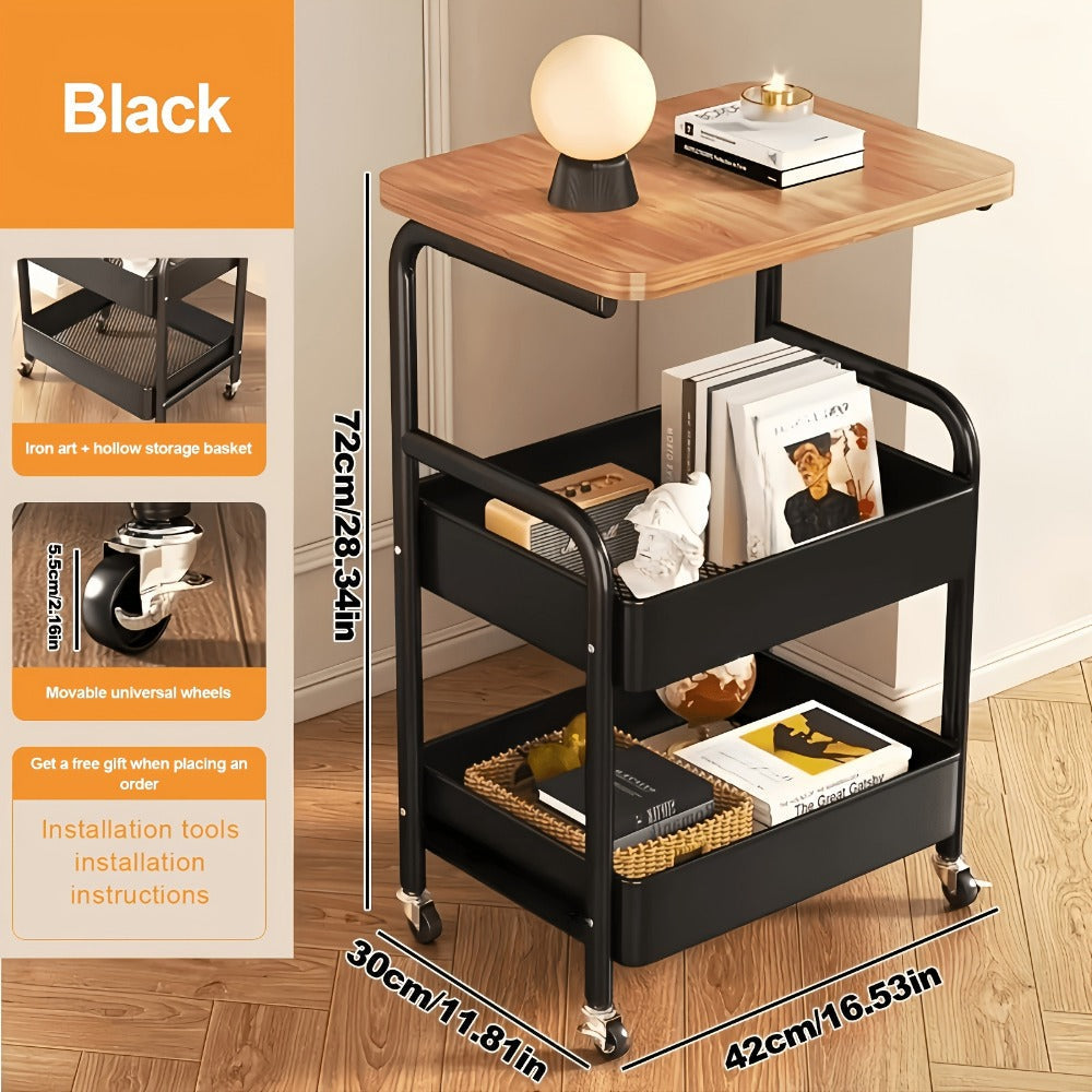 Solid Wood Metal Rolling Storage Cart with Rolling Wheels for Bedroom detail image - detail view 3