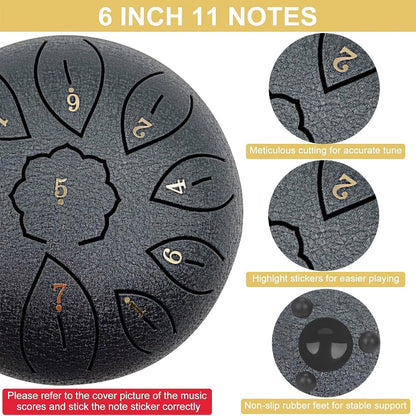 Steel Tongue Drum, 6-Inch 11-Note Set with Drumstick, Bag and Music Book detail image - detail view 4