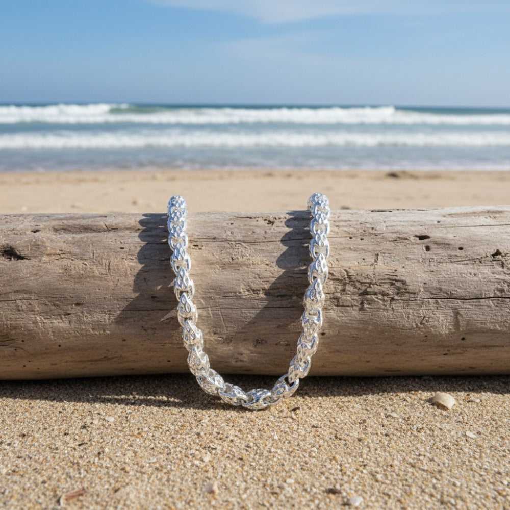 Sterling Silver Necklace - 925 Silver Bamboo Link, Textured Chain - product detail view 8