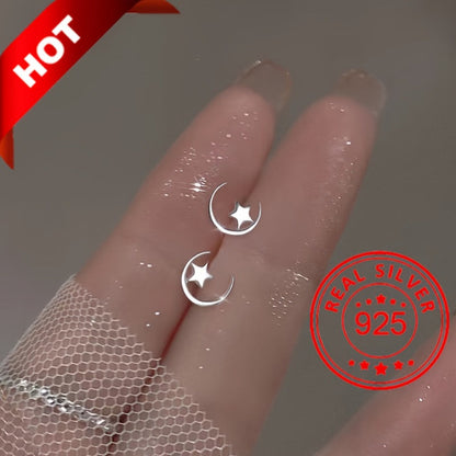 Stud Earrings for Women - Tiny Star & Moon for - 925 Sterling Silver Hypoallergenic Jewelry - product detail view 3