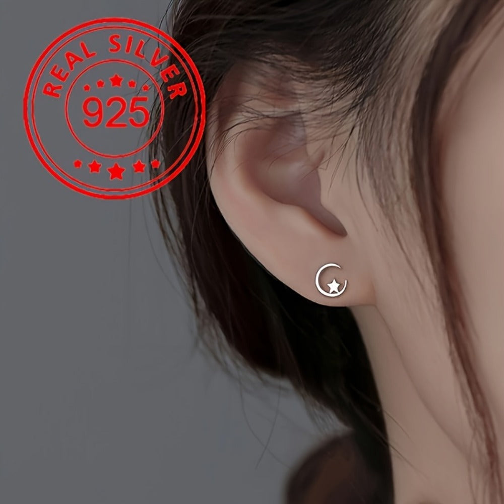 Stud Earrings for Women - Tiny Star & Moon for - 925 Sterling Silver Hypoallergenic Jewelry - product detail view 7