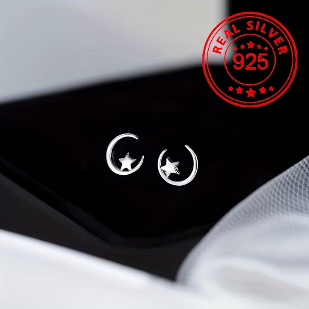 Stud Earrings for Women - Tiny Star & Moon for - 925 Sterling Silver Hypoallergenic Jewelry - product detail view 8