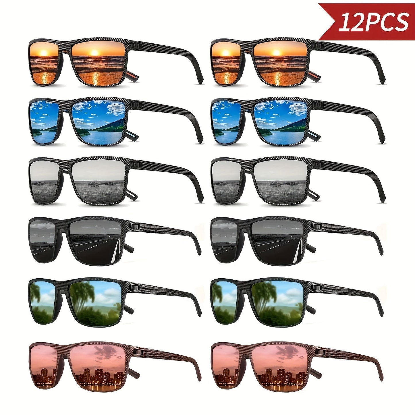 Sunglasses for Men - 12 Pack Classic Square Retro Fashion Eyewear Unisex PC Frame Multi-Color - product detail view 13