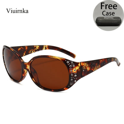 Sunglasses for Women - Cat Eye Rhinestone Embellished Floral Design Leopard Tea Lightweight - product detail view 15