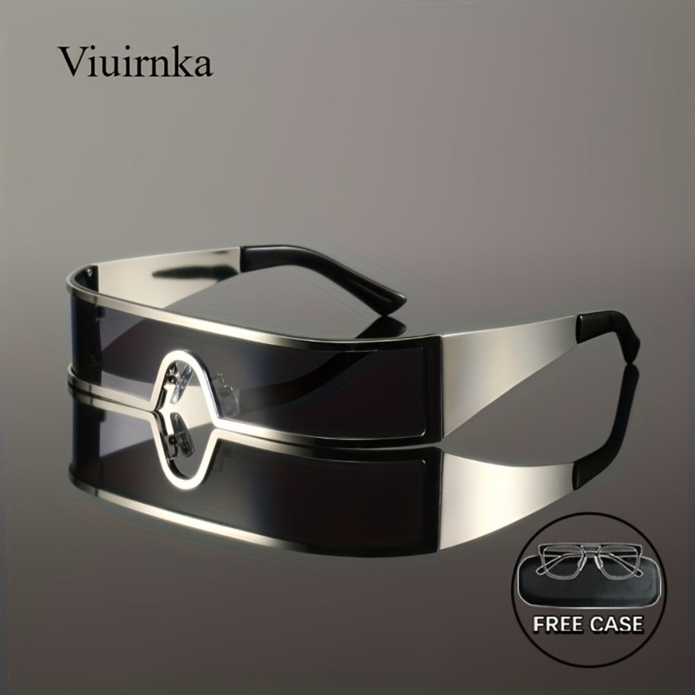 Sunglasses for Men - Cyberpunk Wraparound Glasses Futuristic Wide Temple Metal Frame with Case - main product view