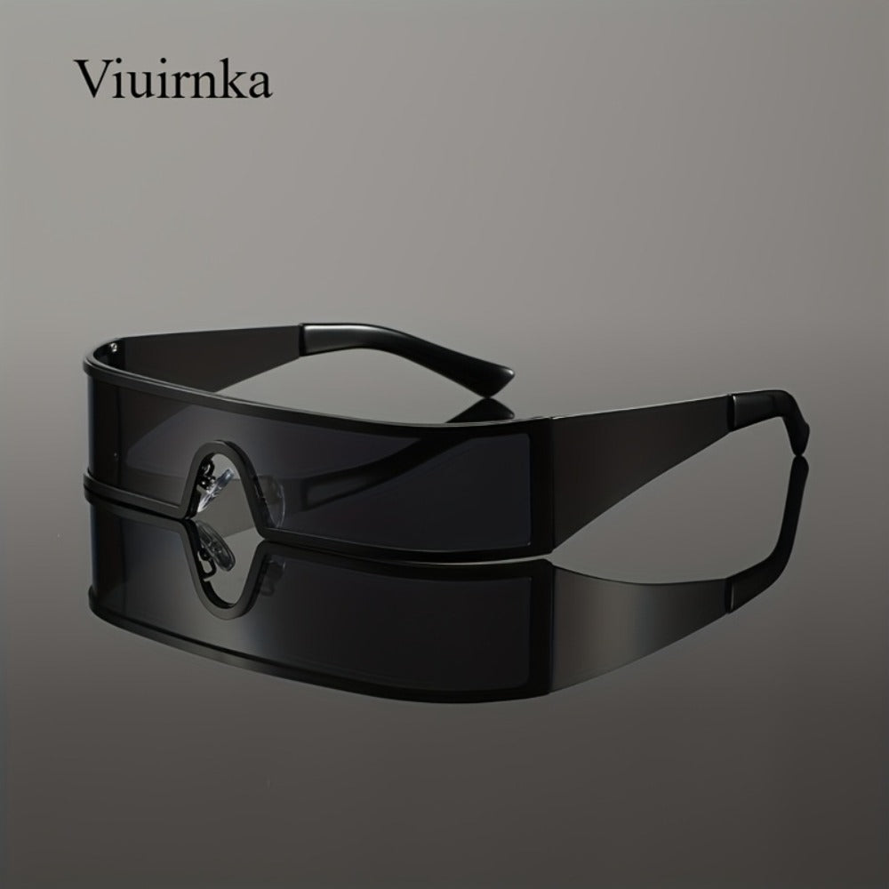 Sunglasses for Men - Cyberpunk Wraparound Glasses Futuristic Wide Temple Metal Frame with Case - product detail view 3