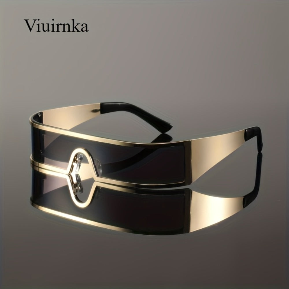 Sunglasses for Men - Cyberpunk Wraparound Glasses Futuristic Wide Temple Metal Frame with Case - product detail view 4
