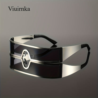 Sunglasses for Men - Cyberpunk Wraparound Glasses Futuristic Wide Temple Metal Frame with Case - product detail view 5