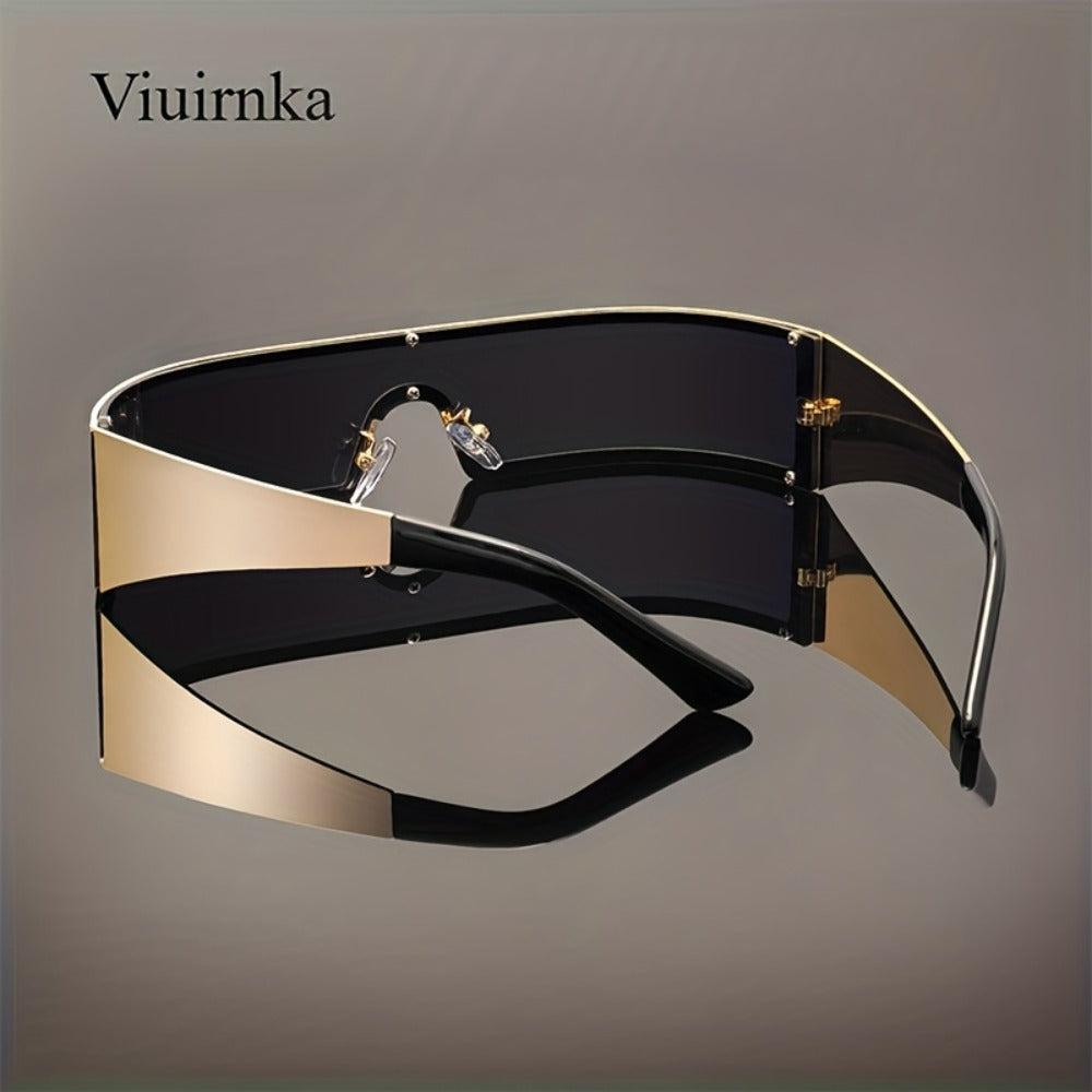 Sunglasses for Men - Cyberpunk Wraparound Glasses Futuristic Wide Temple Metal Frame with Case - product detail view 6