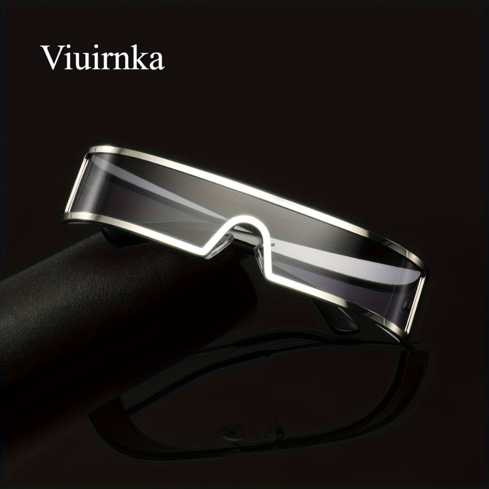 Sunglasses for Men - Cyberpunk Wraparound Glasses Futuristic Wide Temple Metal Frame with Case - product detail view 7