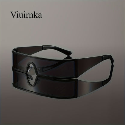 Sunglasses for Men - Cyberpunk Wraparound Glasses Futuristic Wide Temple Metal Frame with Case - product detail view 9