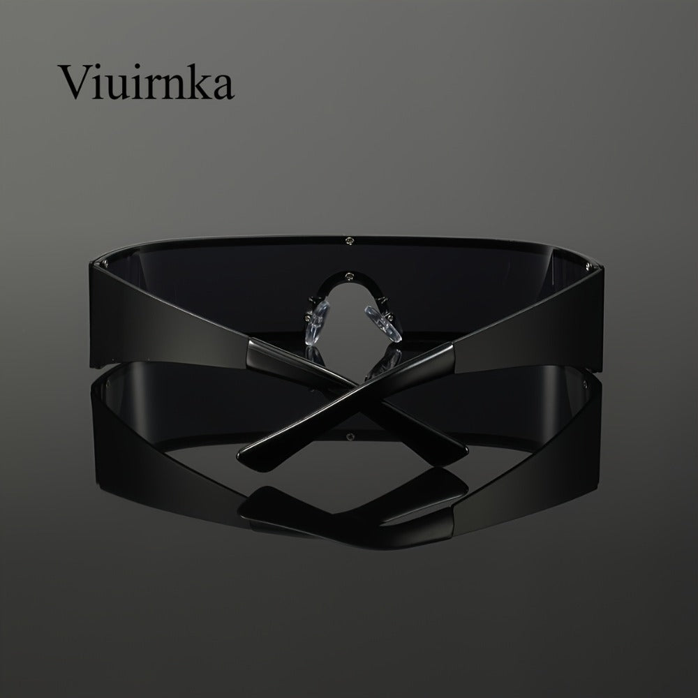 Sunglasses for Men - Cyberpunk Wraparound Glasses Futuristic Wide Temple Metal Frame with Case - product detail view 12