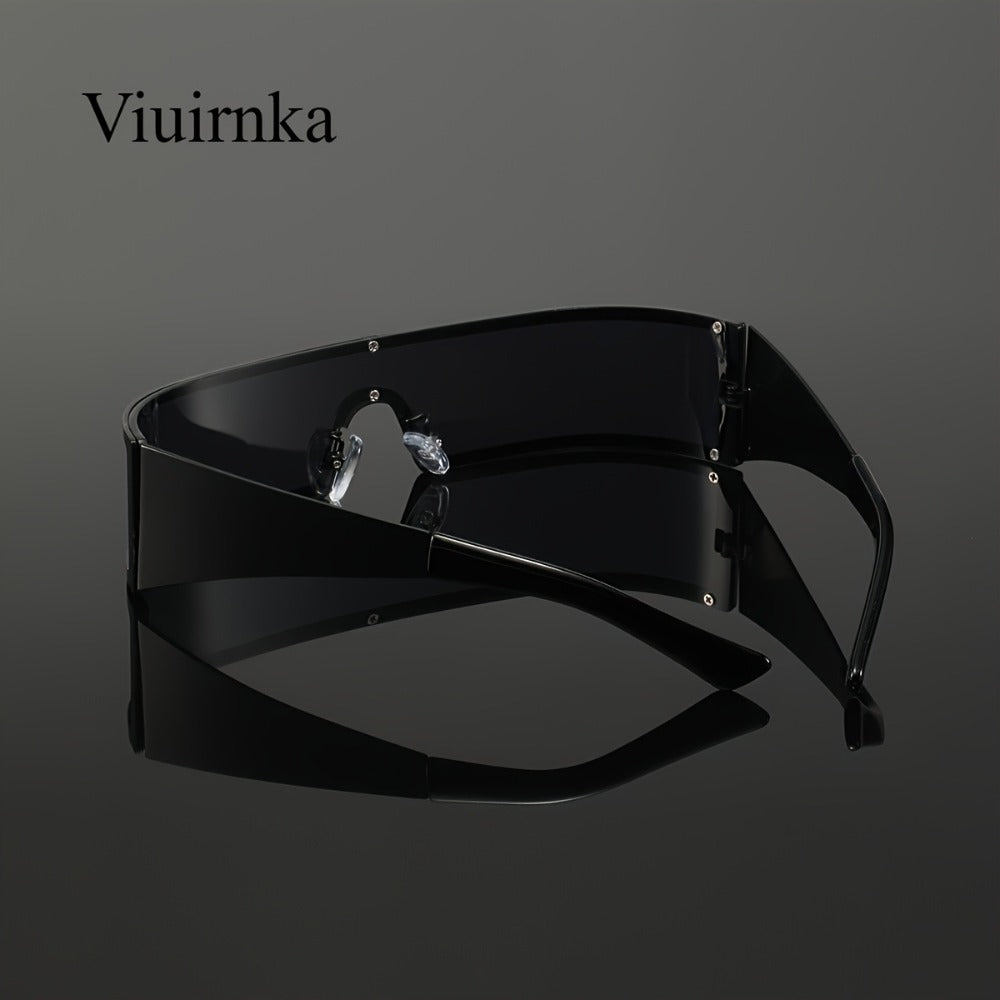 Sunglasses for Men - Cyberpunk Wraparound Glasses Futuristic Wide Temple Metal Frame with Case - product detail view 13