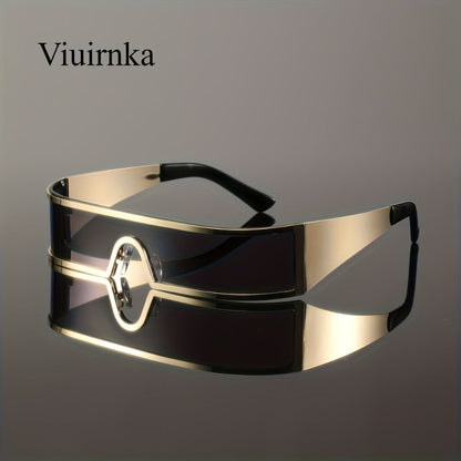 Sunglasses for Men - Cyberpunk Wraparound Glasses Futuristic Wide Temple Metal Frame with Case - product detail view 14