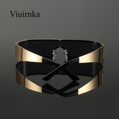 Sunglasses for Men - Cyberpunk Wraparound Glasses Futuristic Wide Temple Metal Frame with Case - product detail view 16