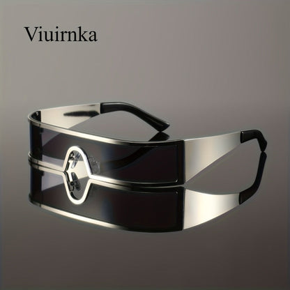 Sunglasses for Men - Cyberpunk Wraparound Glasses Futuristic Wide Temple Metal Frame with Case - product detail view 17
