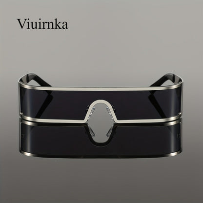 Sunglasses for Men - Cyberpunk Wraparound Glasses Futuristic Wide Temple Metal Frame with Case - product detail view 18