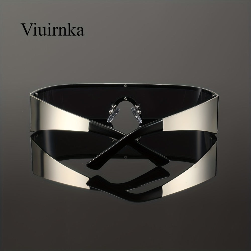 Sunglasses for Men - Cyberpunk Wraparound Glasses Futuristic Wide Temple Metal Frame with Case - product detail view 19