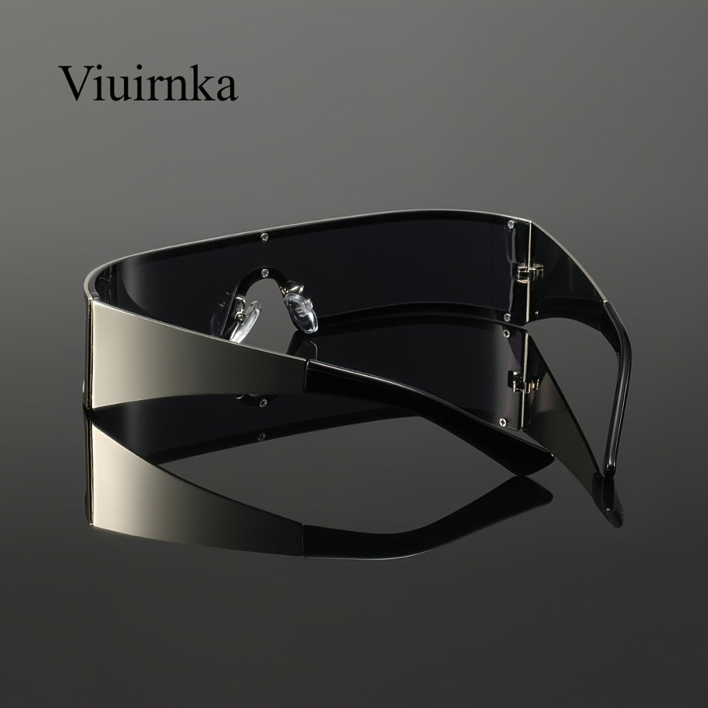 Sunglasses for Men - Cyberpunk Wraparound Glasses Futuristic Wide Temple Metal Frame with Case - product detail view 20