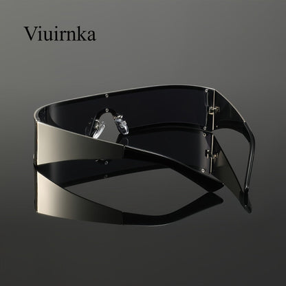Sunglasses for Men - Cyberpunk Wraparound Glasses Futuristic Wide Temple Metal Frame with Case - product detail view 20