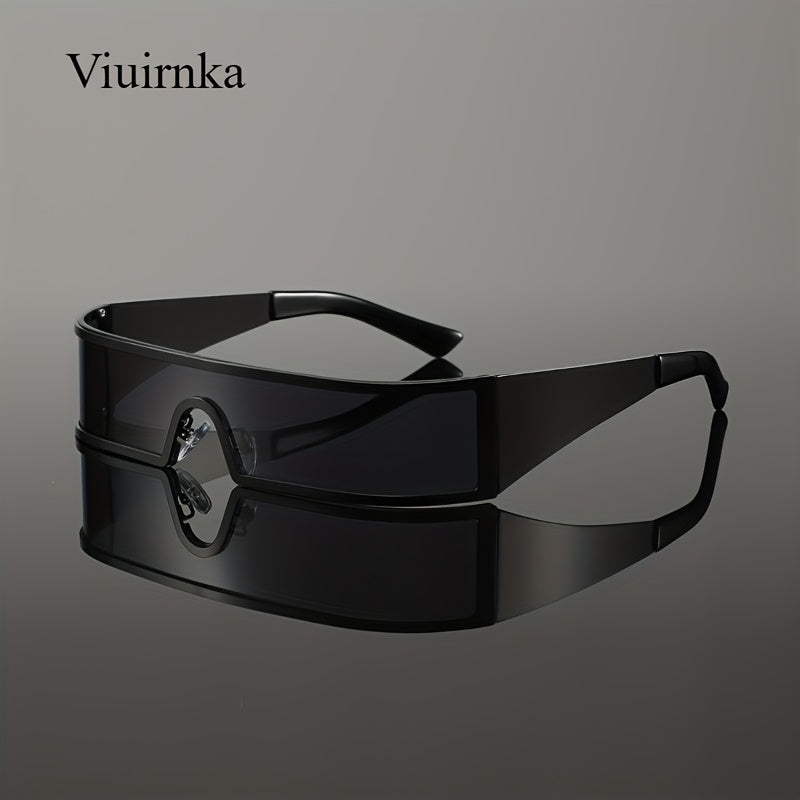 Sunglasses for Men - Cyberpunk Wraparound Glasses Futuristic Wide Temple Metal Frame with Case - product detail view 21