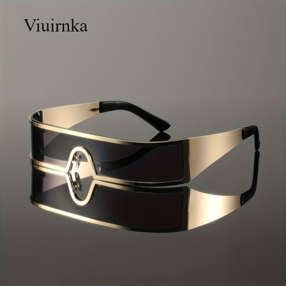 Sunglasses for Men - Cyberpunk Wraparound Glasses Futuristic Wide Temple Metal Frame with Case - product detail view 22