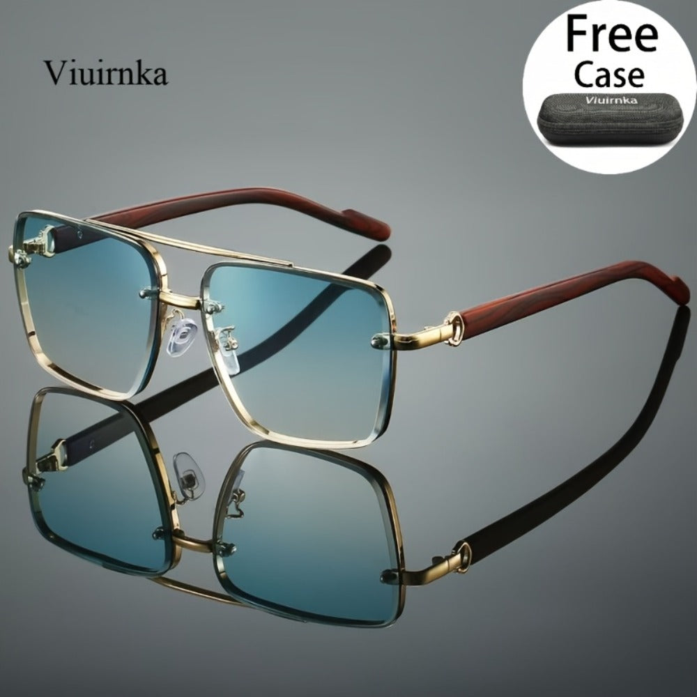 Sunglasses for Men - Double Bridge UV400 Wood Grain Luxury Frame - Square Retro Gradient Tinted - product detail view 2