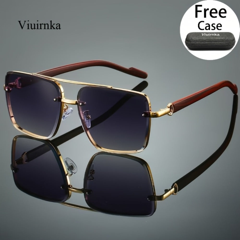Sunglasses for Men - Double Bridge UV400 Wood Grain Luxury Frame - Square Retro Gradient Tinted - product detail view 3