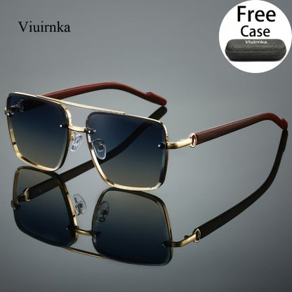 Sunglasses for Men - Double Bridge UV400 Wood Grain Luxury Frame - Square Retro Gradient Tinted - product detail view 6