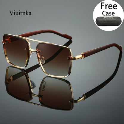 Sunglasses for Men - Double Bridge UV400 Wood Grain Luxury Frame - Square Retro Gradient Tinted - product detail view 11