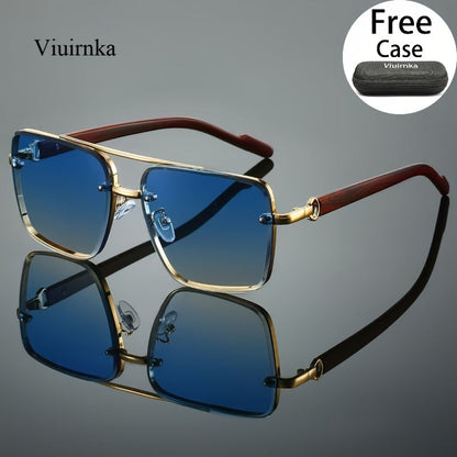 Sunglasses for Men - Double Bridge UV400 Wood Grain Luxury Frame - Square Retro Gradient Tinted - product detail view 12