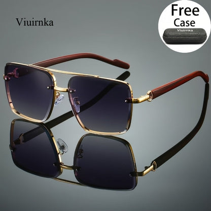 Sunglasses for Men - Double Bridge UV400 Wood Grain Luxury Frame - Square Retro Gradient Tinted - product detail view 15