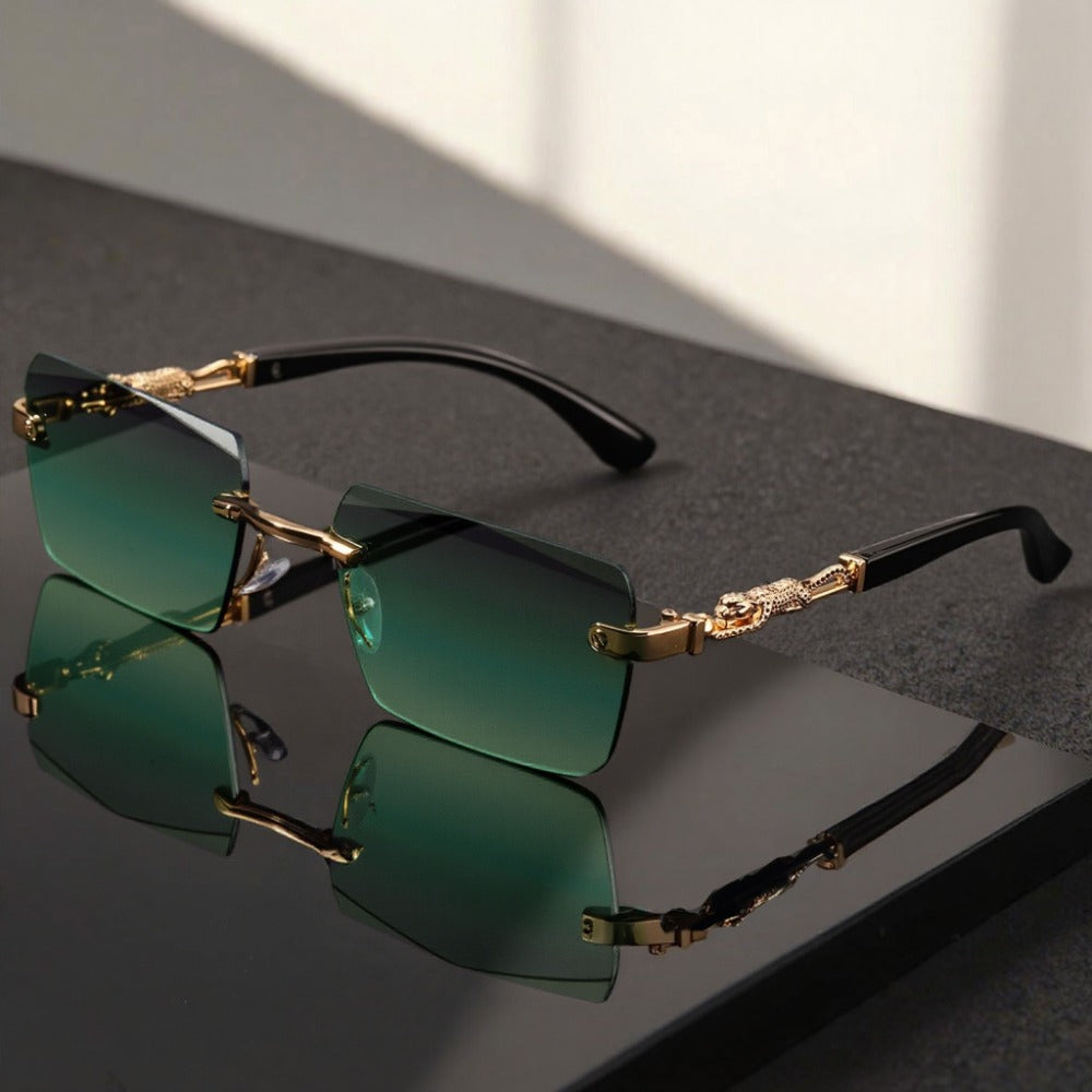Sunglasses for Men - Luxury Frameless Gold Frame Leopard Arms UV400 Narrow Rectangular Lens - product detail view 3