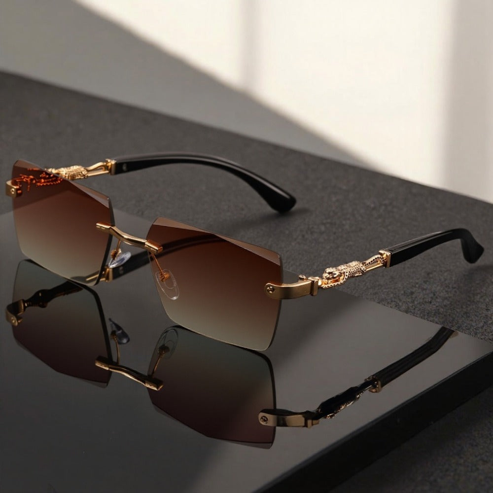 Sunglasses for Men - Luxury Frameless Gold Frame Leopard Arms UV400 Narrow Rectangular Lens - product detail view 4